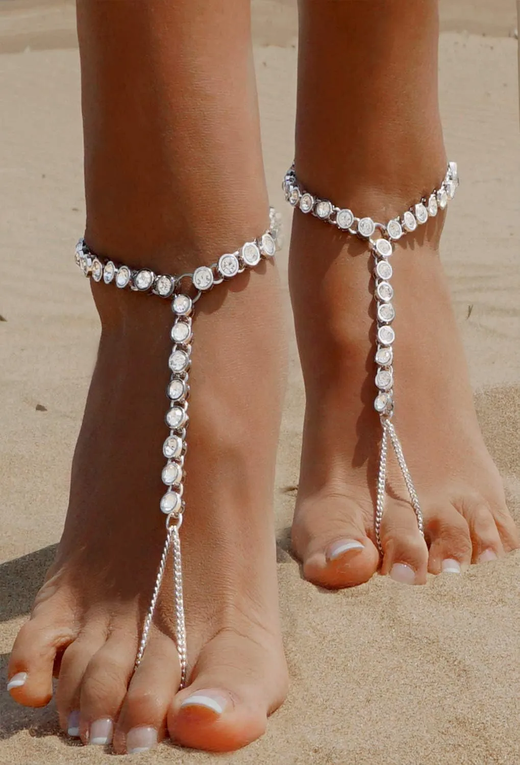 2 Pieces Women's Foot Chain Barefoot Sandals Beach Wedding Jewelry Anklet with Rhinestone Toe Ring