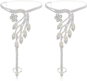 2 Pieces Women's Foot Chain Barefoot Sandals Beach Wedding Jewelry Anklet with Rhinestone Toe Ring