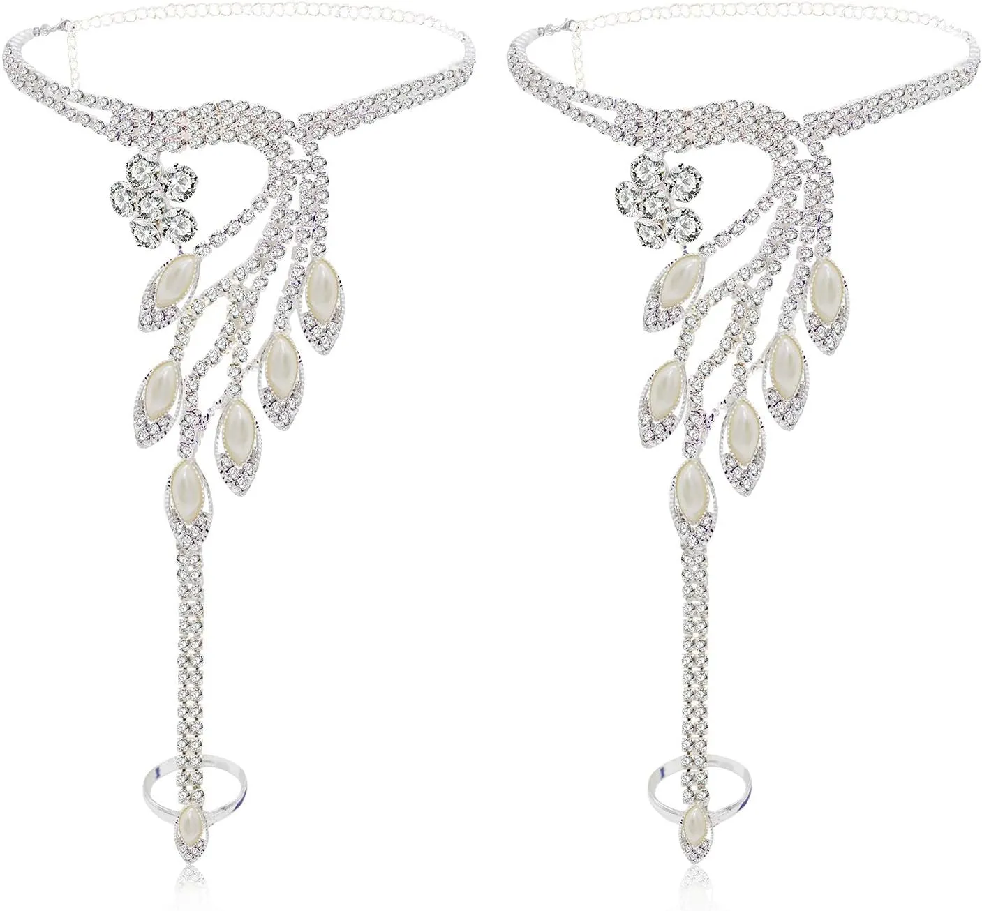2 Pieces Women's Foot Chain Barefoot Sandals Beach Wedding Jewelry Anklet with Rhinestone Toe Ring