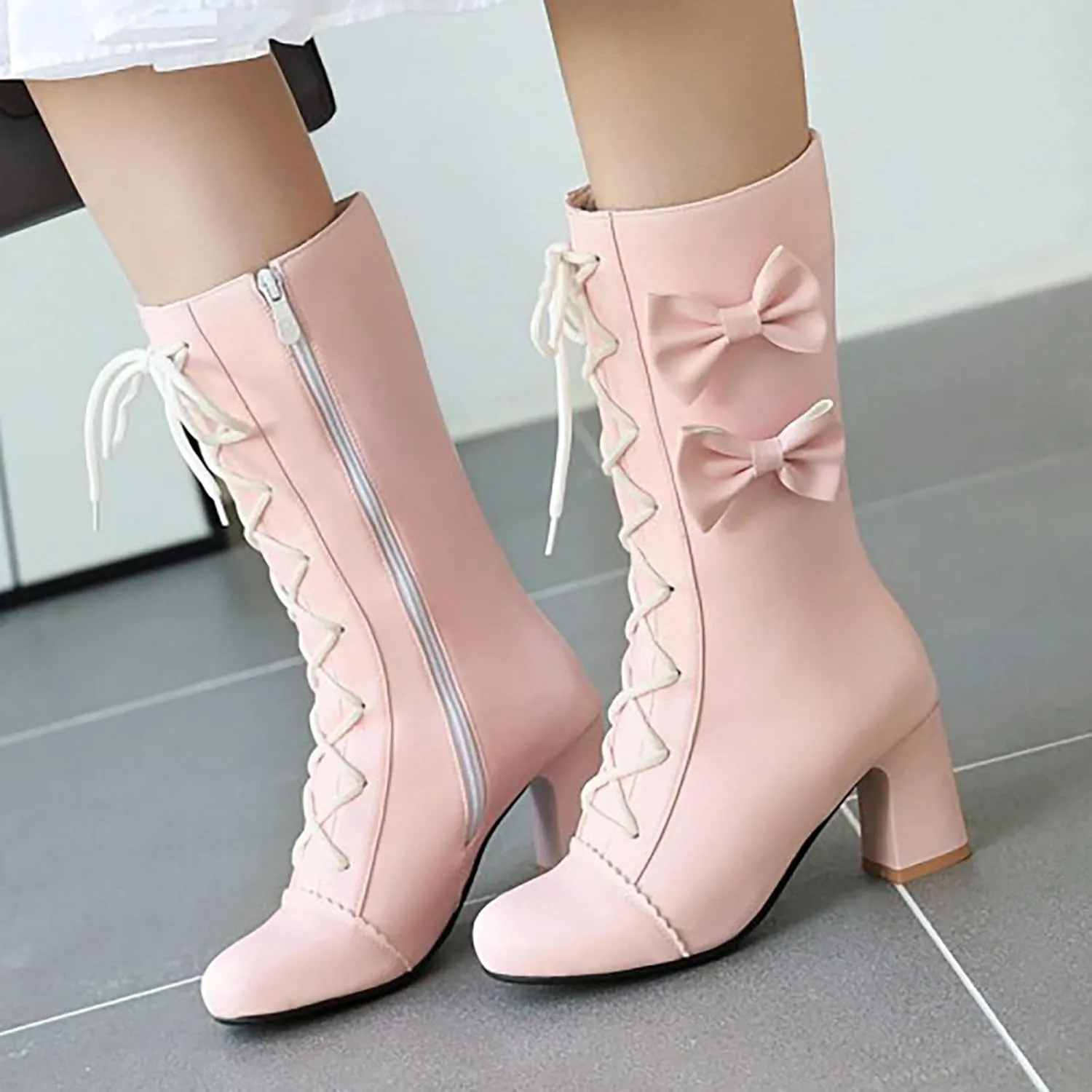 2024 Autumn And Winter New Women Pink Bowknot Lace Up Chunky Heel Mid Calf Boots Womens Wide Calf Dress Boots Sweet Style