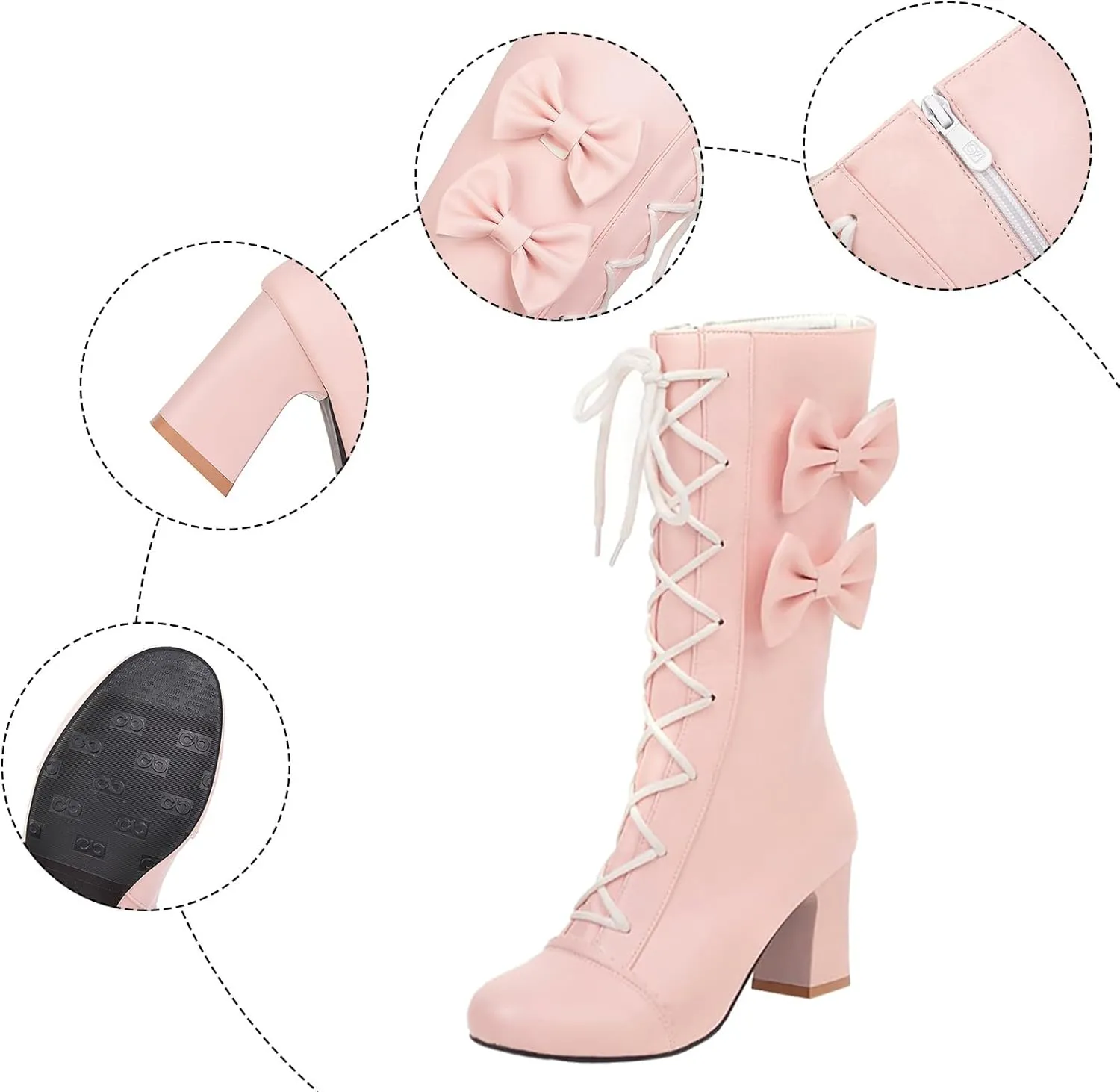 2024 Autumn And Winter New Women Pink Bowknot Lace Up Chunky Heel Mid Calf Boots Womens Wide Calf Dress Boots Sweet Style