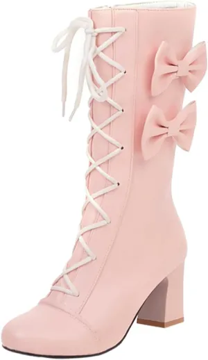 2024 Autumn And Winter New Women Pink Bowknot Lace Up Chunky Heel Mid Calf Boots Womens Wide Calf Dress Boots Sweet Style