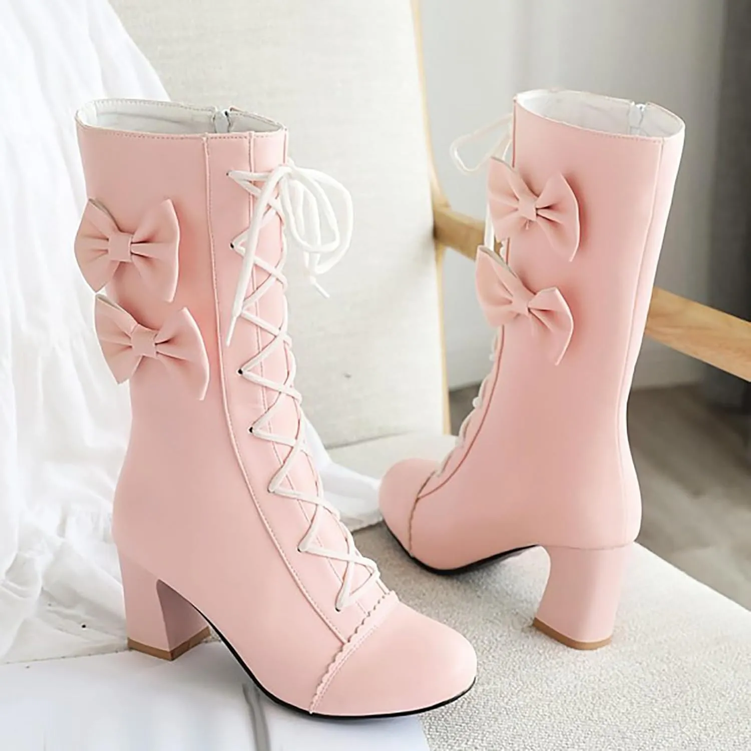 2024 Autumn And Winter New Women Pink Bowknot Lace Up Chunky Heel Mid Calf Boots Womens Wide Calf Dress Boots Sweet Style