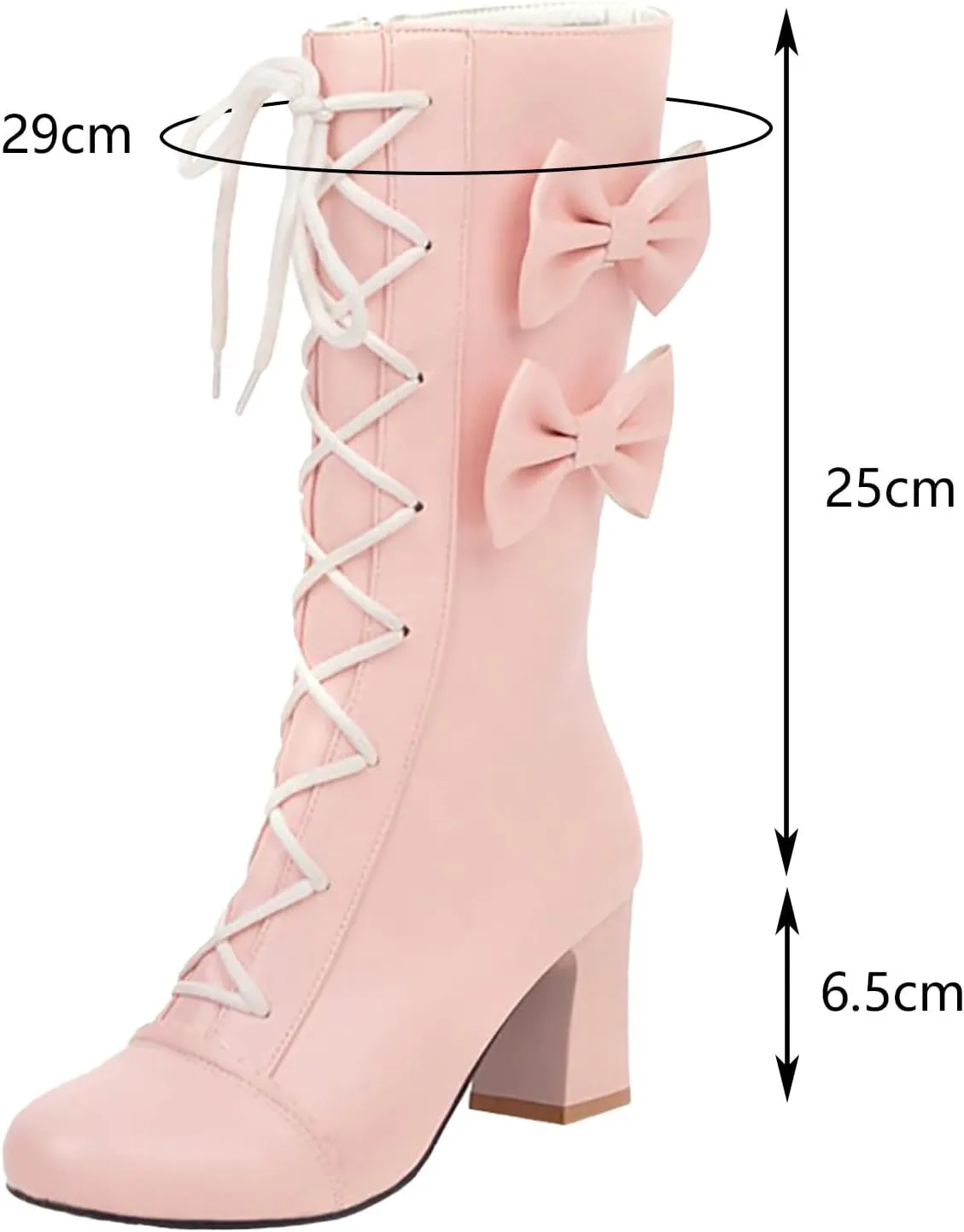 2024 Autumn And Winter New Women Pink Bowknot Lace Up Chunky Heel Mid Calf Boots Womens Wide Calf Dress Boots Sweet Style