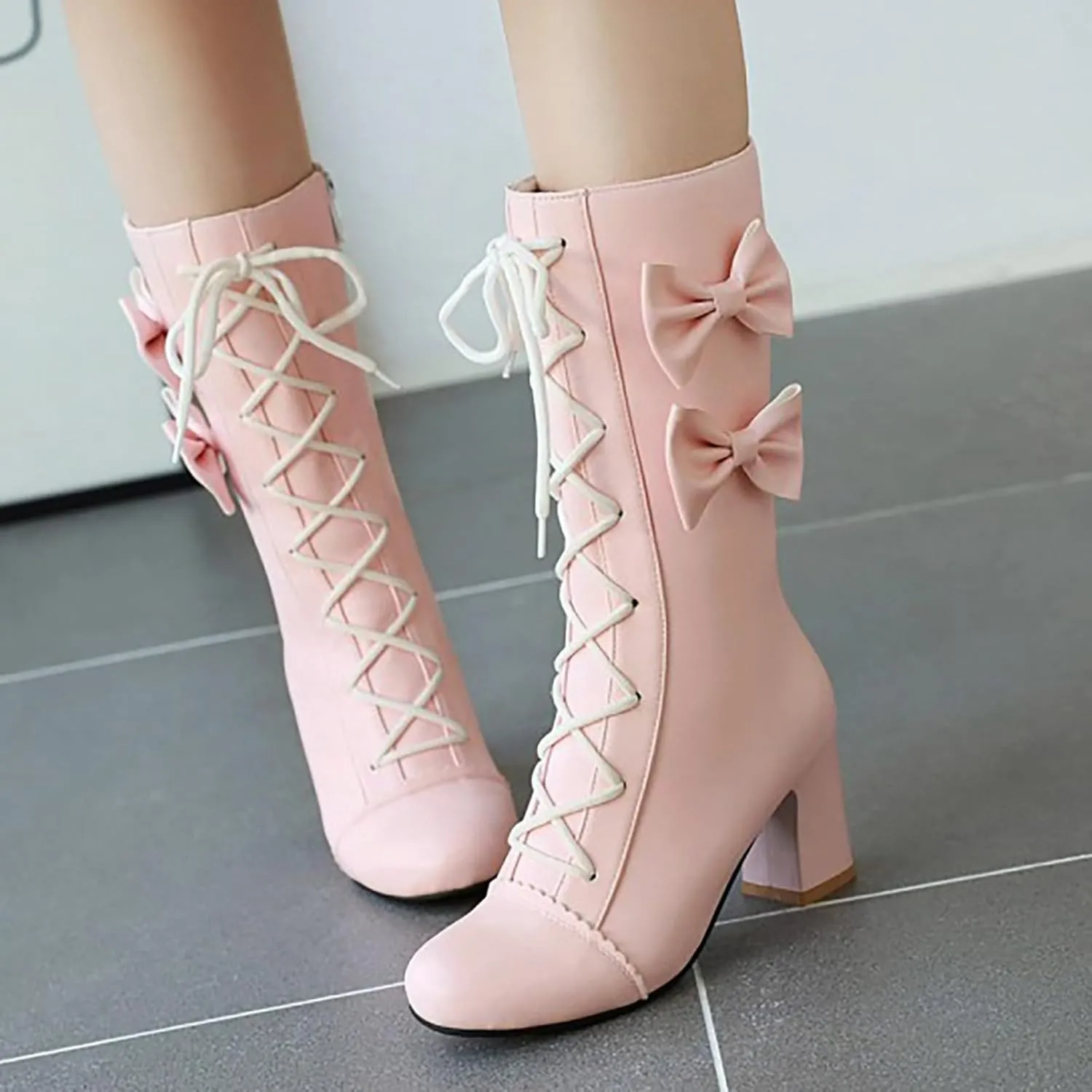 2024 Autumn And Winter New Women Pink Bowknot Lace Up Chunky Heel Mid Calf Boots Womens Wide Calf Dress Boots Sweet Style