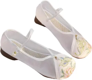 2025 Summer Women's Breathable Mesh Floral Embroidery Shoes Chinese Style Elegant Cheongsam Hanfu Shoes Round Toe Low Heel Mary Jane Shoes Casual Ankle Strap Shoes