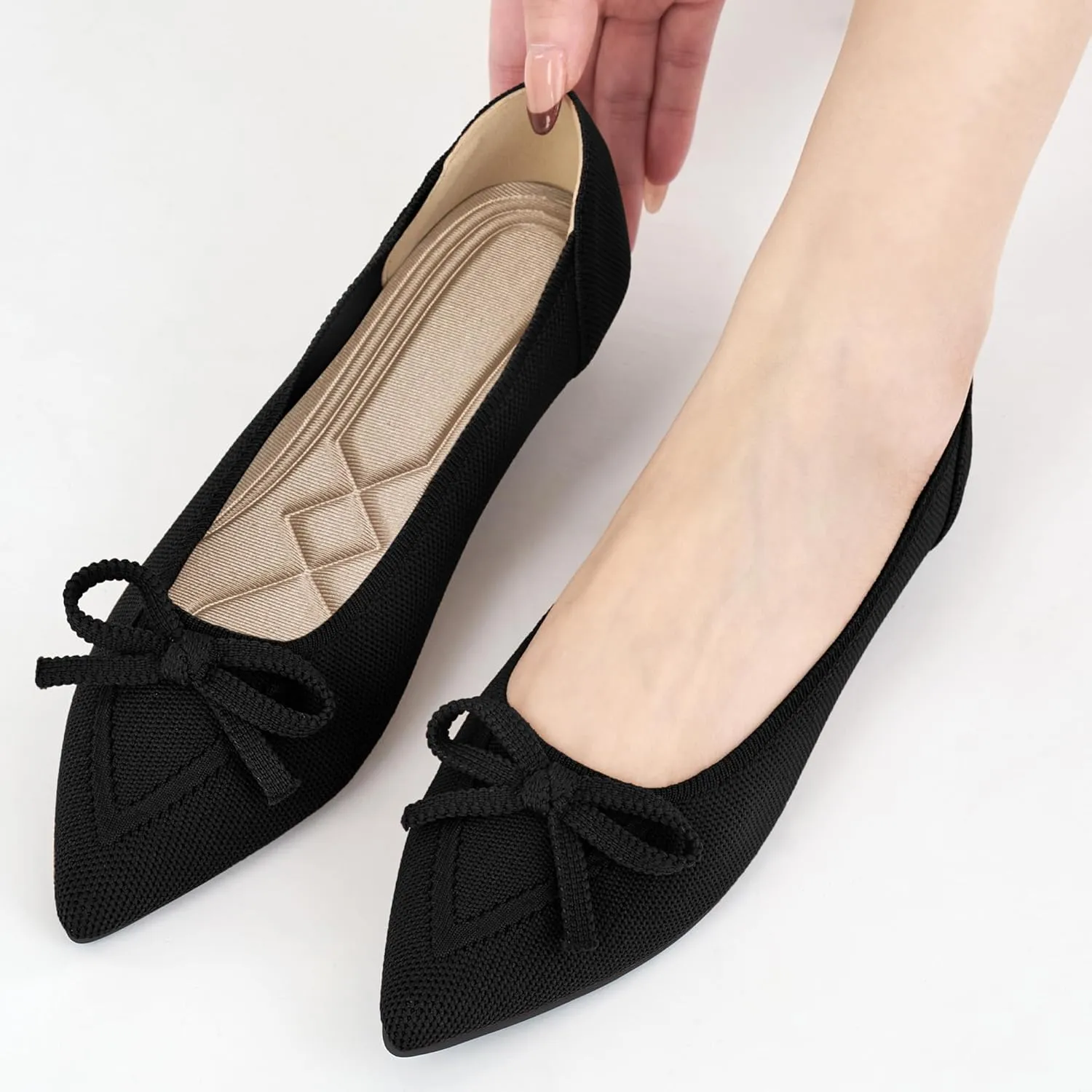 Ablanczoom Ballet Flats Shoes for Women: Dressy Pointed Toe Bow Knit Flats Comfortable Slip On Work Business Shoes for Driving Dating Wedding