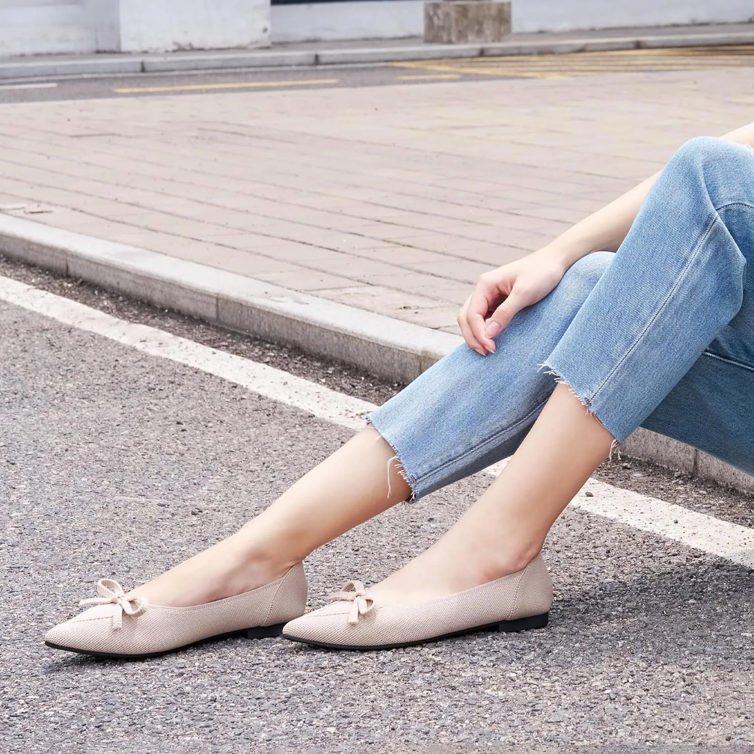 Ablanczoom Ballet Flats Shoes for Women: Dressy Pointed Toe Bow Knit Flats Comfortable Slip On Work Business Shoes for Driving Dating Wedding