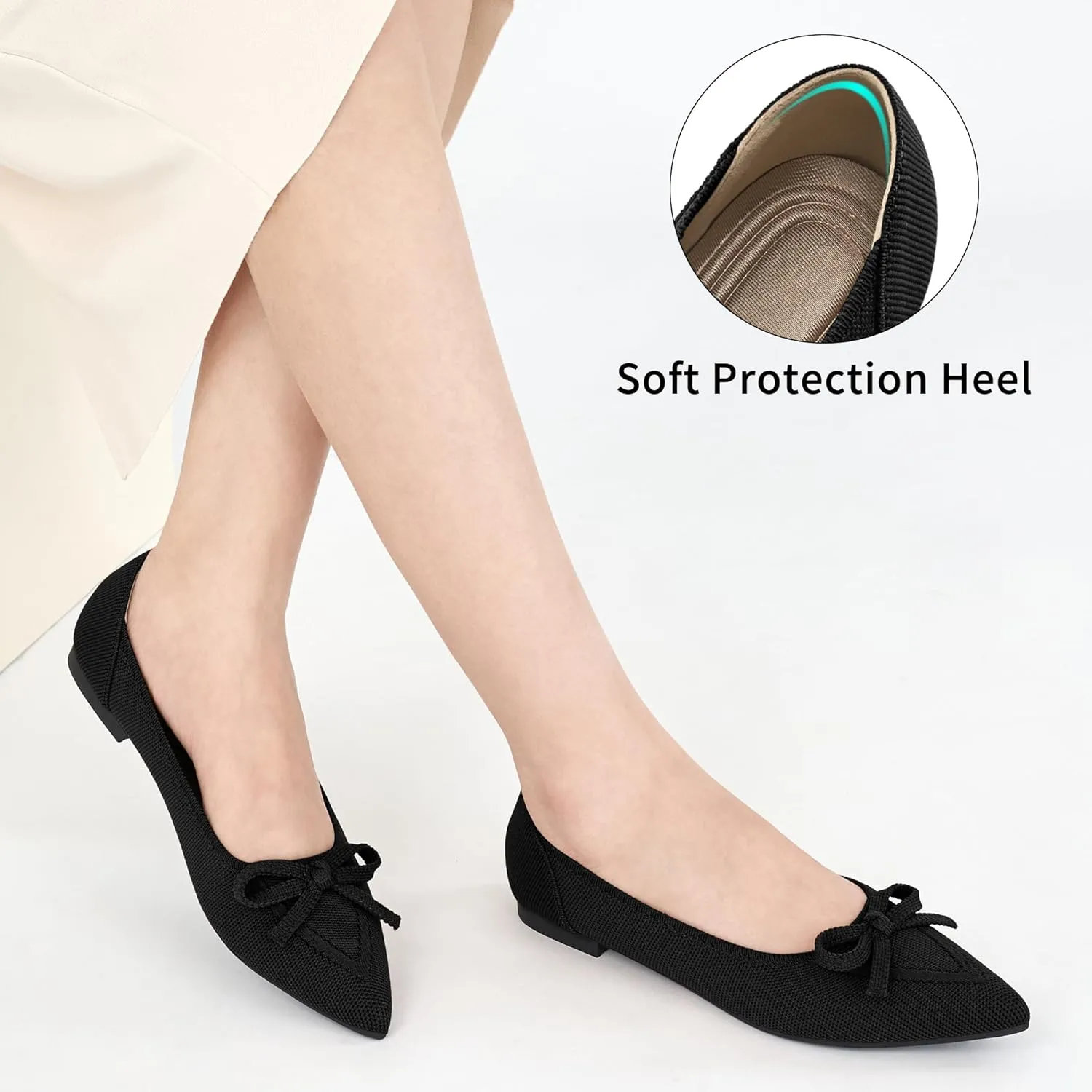 Ablanczoom Ballet Flats Shoes for Women: Dressy Pointed Toe Bow Knit Flats Comfortable Slip On Work Business Shoes for Driving Dating Wedding