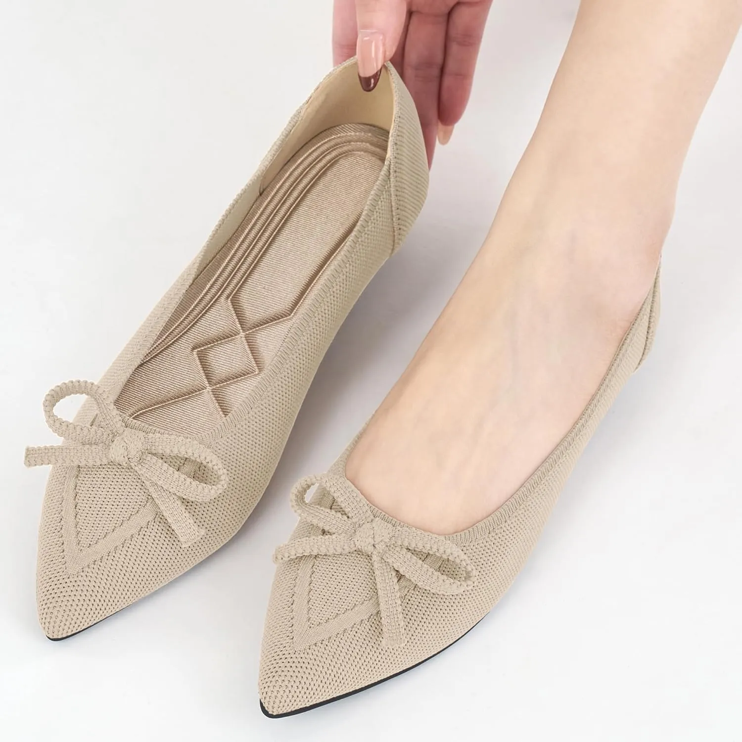 Ablanczoom Ballet Flats Shoes for Women: Dressy Pointed Toe Bow Knit Flats Comfortable Slip On Work Business Shoes for Driving Dating Wedding