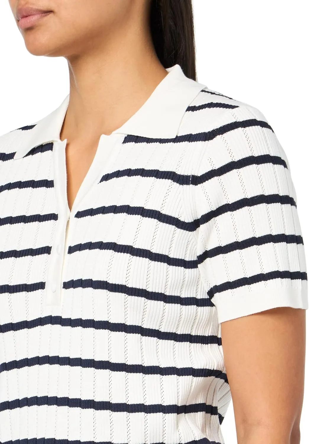 Adrianna Papell Women's Pointelle Short Sleeve Polo Striped V-Placket Sweater