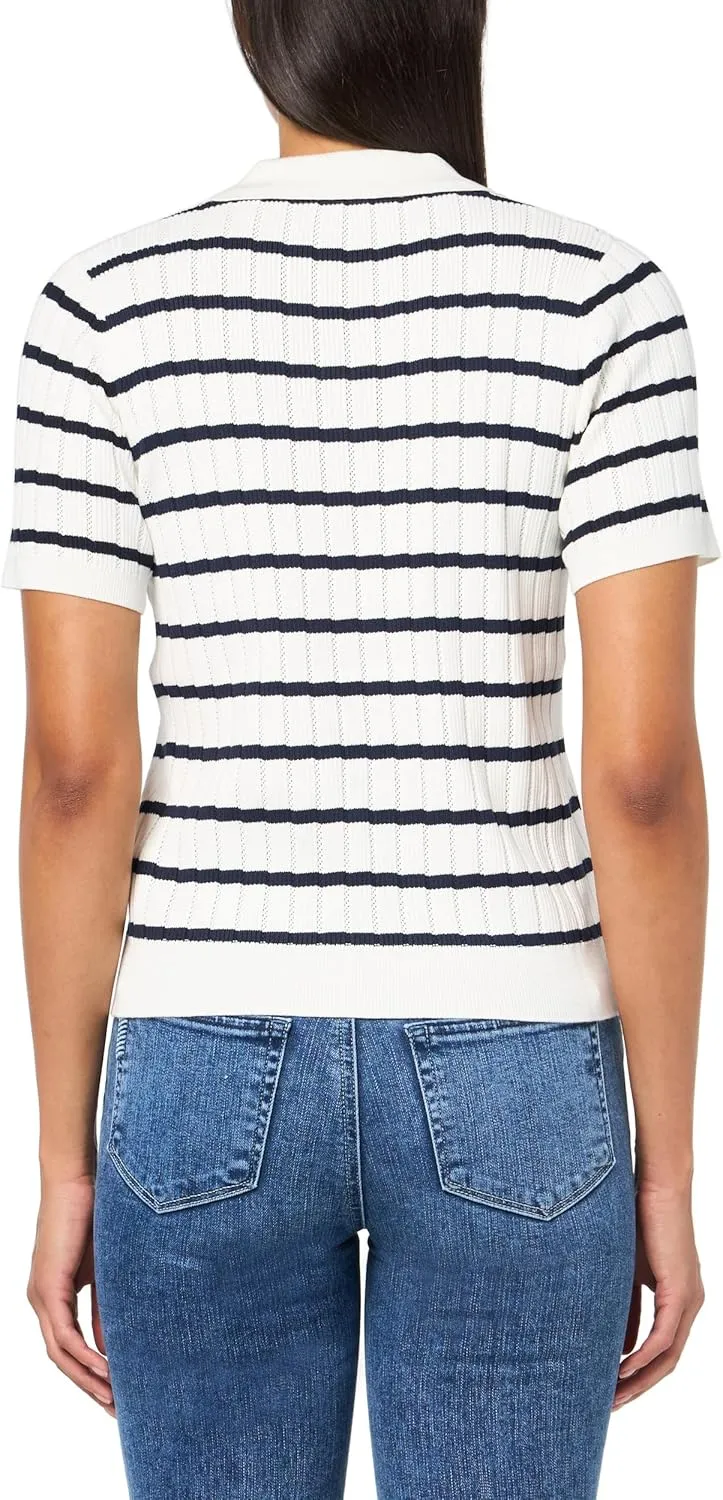 Adrianna Papell Women's Pointelle Short Sleeve Polo Striped V-Placket Sweater