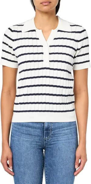 Adrianna Papell Women's Pointelle Short Sleeve Polo Striped V-Placket Sweater