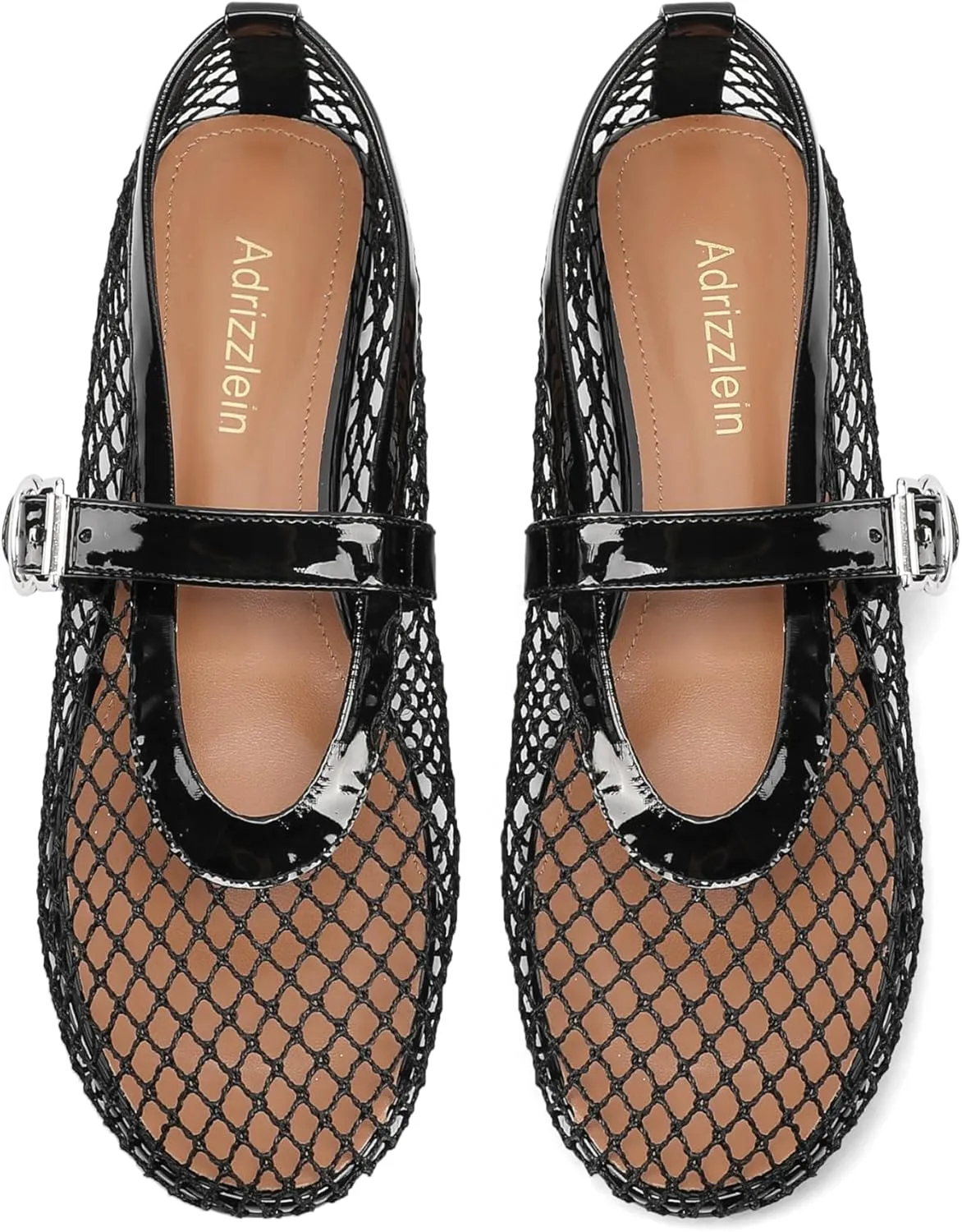 Adrizzlein Mesh Ballet Flats for Women Fishnet Ballerina Flats Buckle Strap Mesh Ballet Shoes Wide Width Casual Summer Dress Flat Shoes