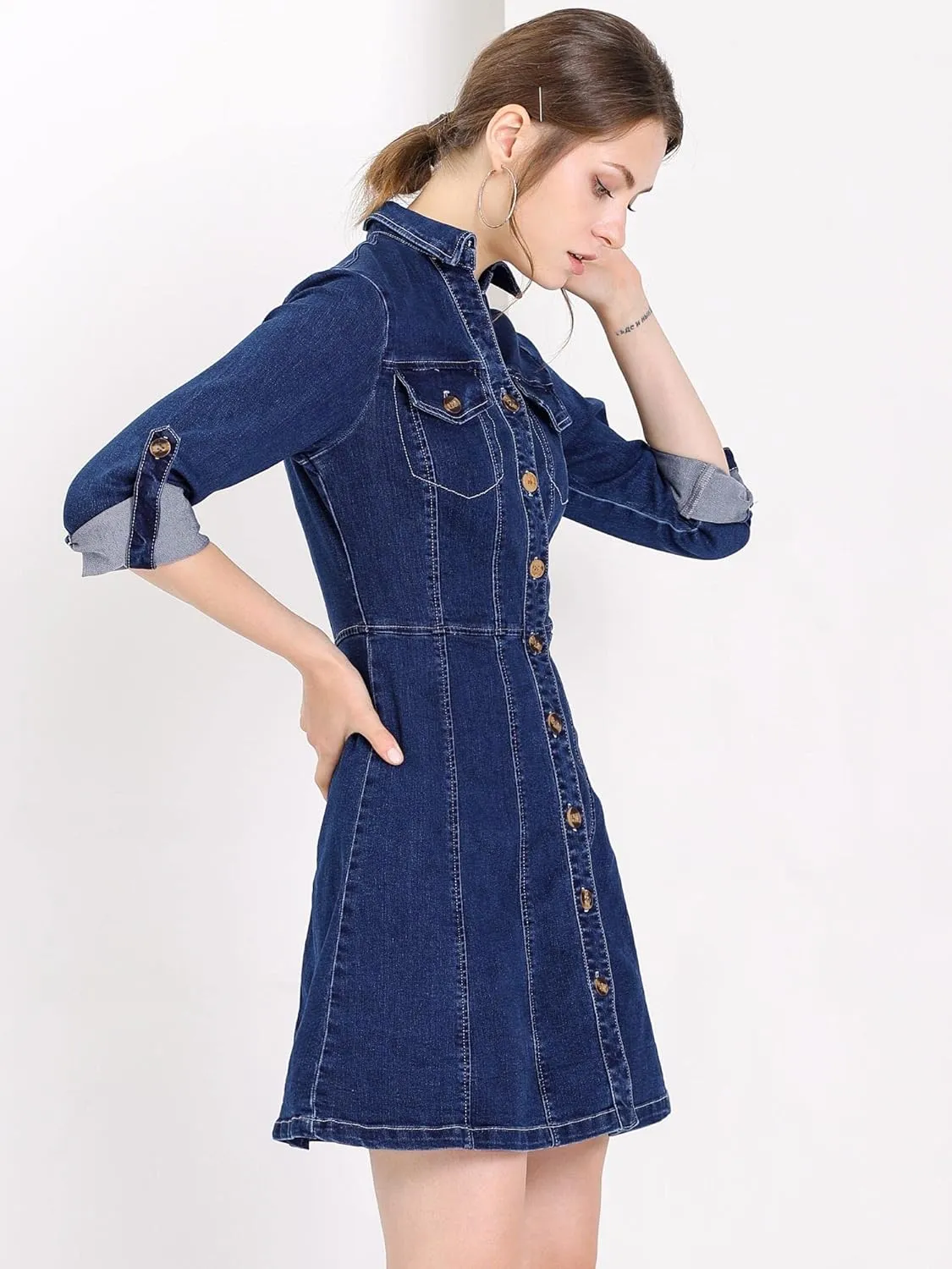 Allegra K Women's Denim Dress Button Down Collar V Neck Long Sleeve A-line Cotton Jean Dress