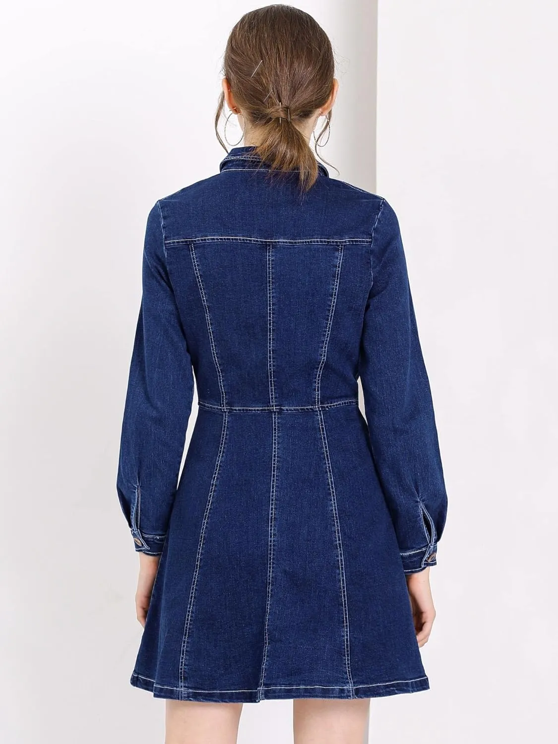 Allegra K Women's Denim Dress Button Down Collar V Neck Long Sleeve A-line Cotton Jean Dress
