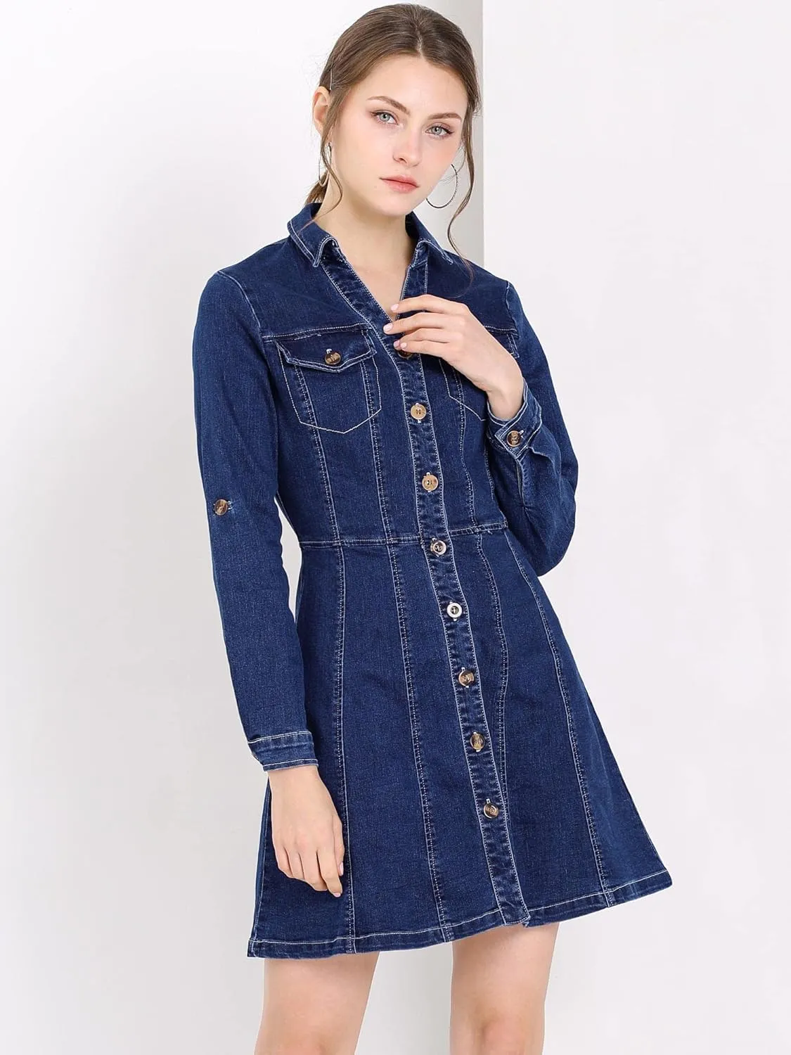 Allegra K Women's Denim Dress Button Down Collar V Neck Long Sleeve A-line Cotton Jean Dress