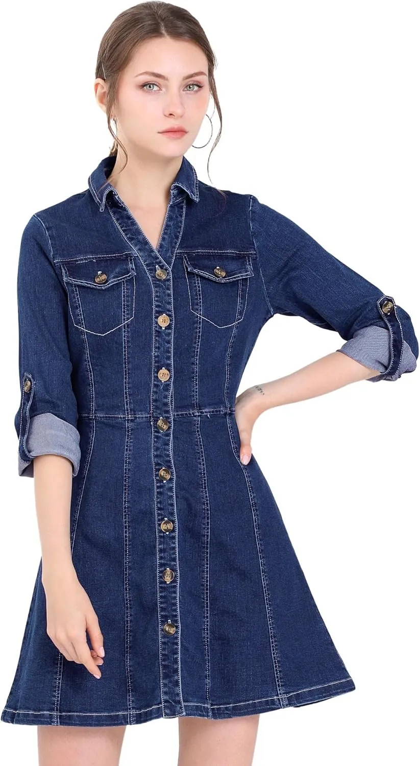 Allegra K Women's Denim Dress Button Down Collar V Neck Long Sleeve A-line Cotton Jean Dress