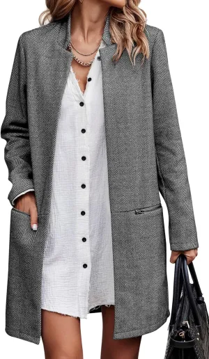Angashion Women’s Coat, Long Sleeve Stand Collar Cardigan Mid-Long Open Front Outwear Overcoat with Zipper Pockets