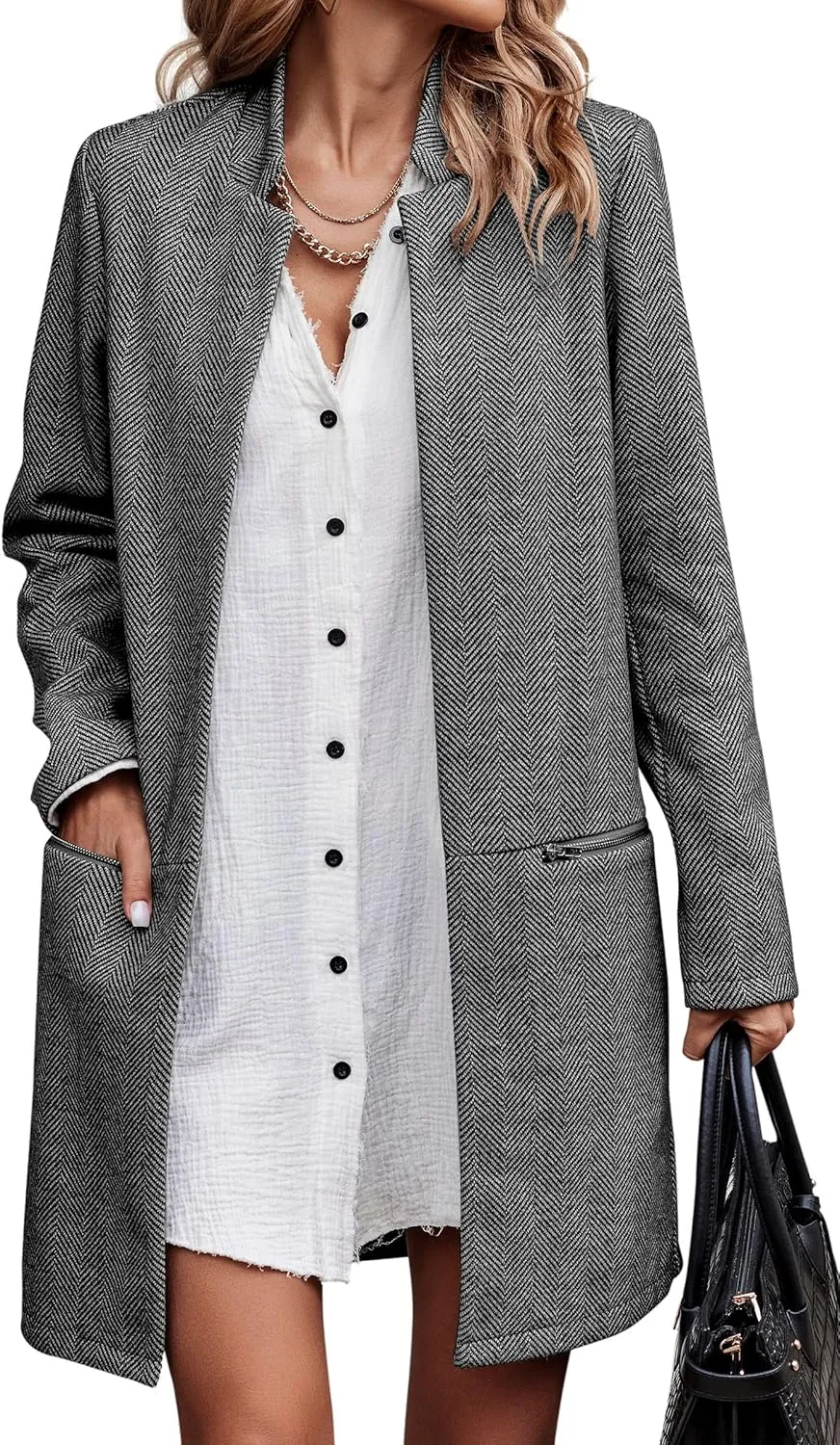 Angashion Women’s Coat, Long Sleeve Stand Collar Cardigan Mid-Long Open Front Outwear Overcoat with Zipper Pockets