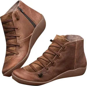 Ankle Boots for Women No Heel Women's Arch Support Fashion Lace up Side Zip Vintage Booties Flat Heel
