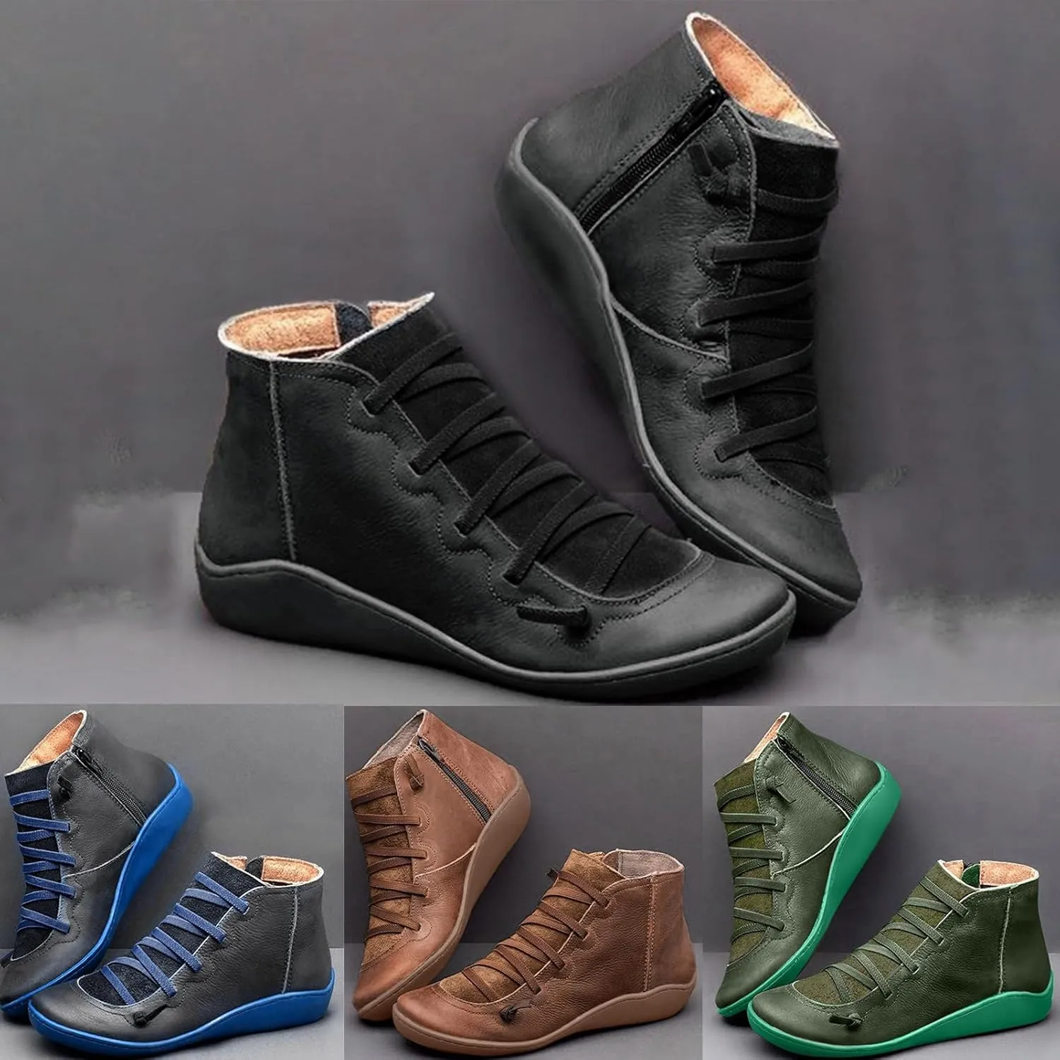 Ankle Boots for Women No Heel Women's Arch Support Fashion Lace up Side Zip Vintage Booties Flat Heel