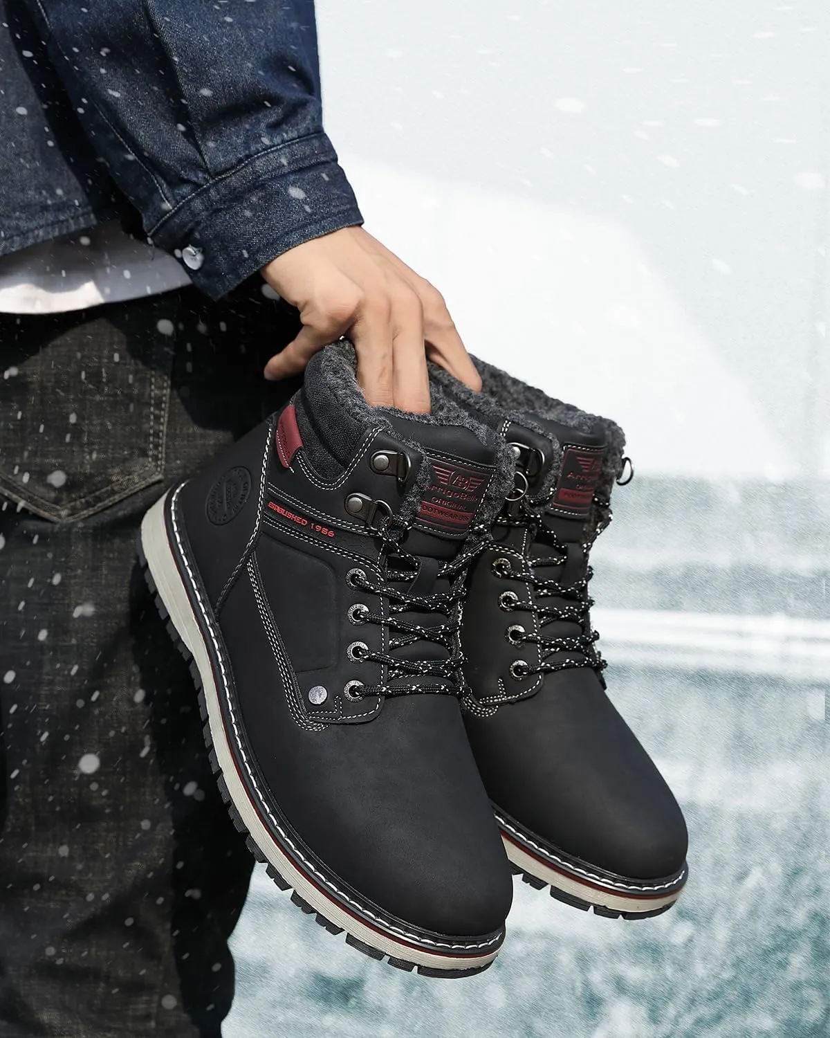 ARRIGO BELLO Mens Winter Boots Snow Casual Booties Warm Fur Mesh Lined Ankle Outdoor Lightweight Non-Slip Trekking Walking Leather Shoes