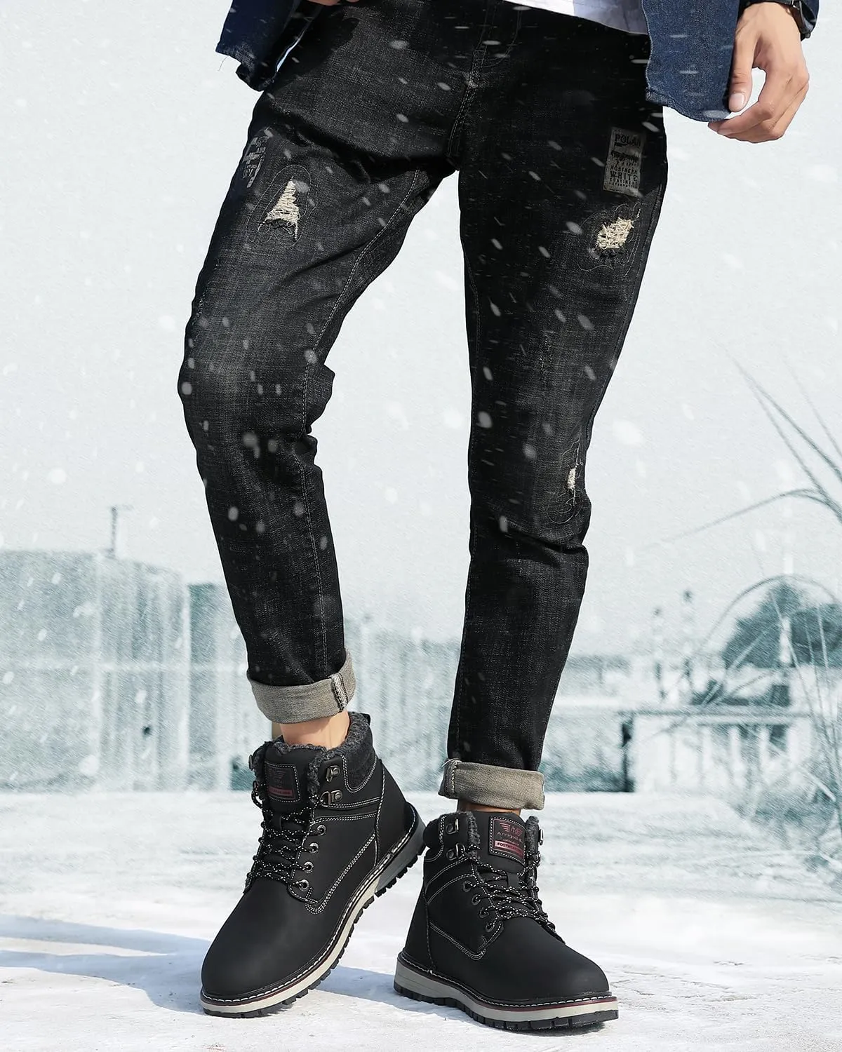 ARRIGO BELLO Mens Winter Boots Snow Casual Booties Warm Fur Mesh Lined Ankle Outdoor Lightweight Non-Slip Trekking Walking Leather Shoes