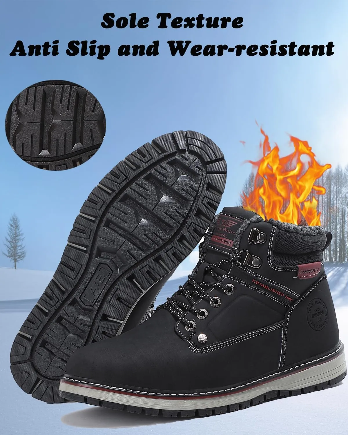ARRIGO BELLO Mens Winter Boots Snow Casual Booties Warm Fur Mesh Lined Ankle Outdoor Lightweight Non-Slip Trekking Walking Leather Shoes