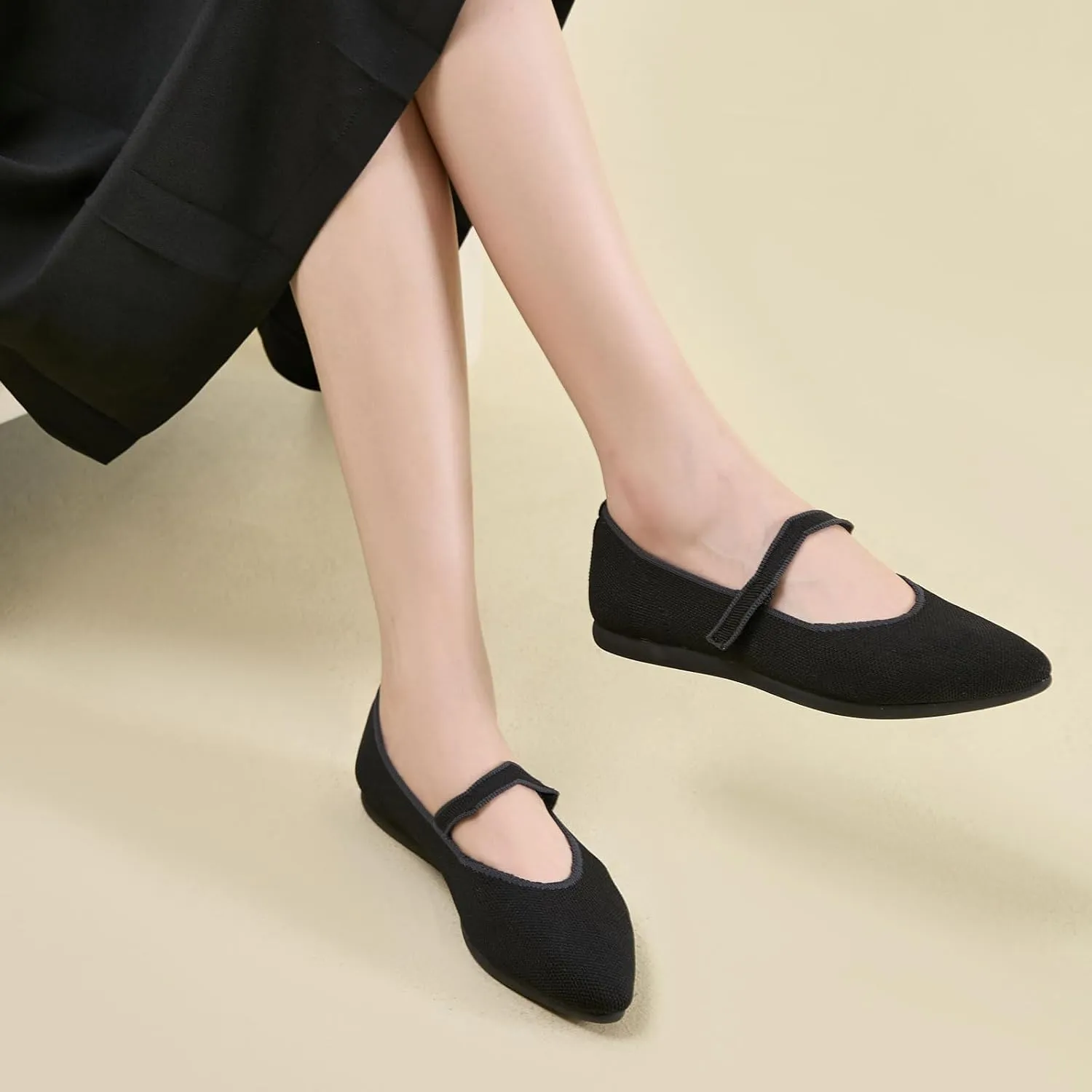 Ballet Flats for Women Pointed Toe Knit Mary Jane Shoes Comfortable Dressy Adjustable Straps Flat