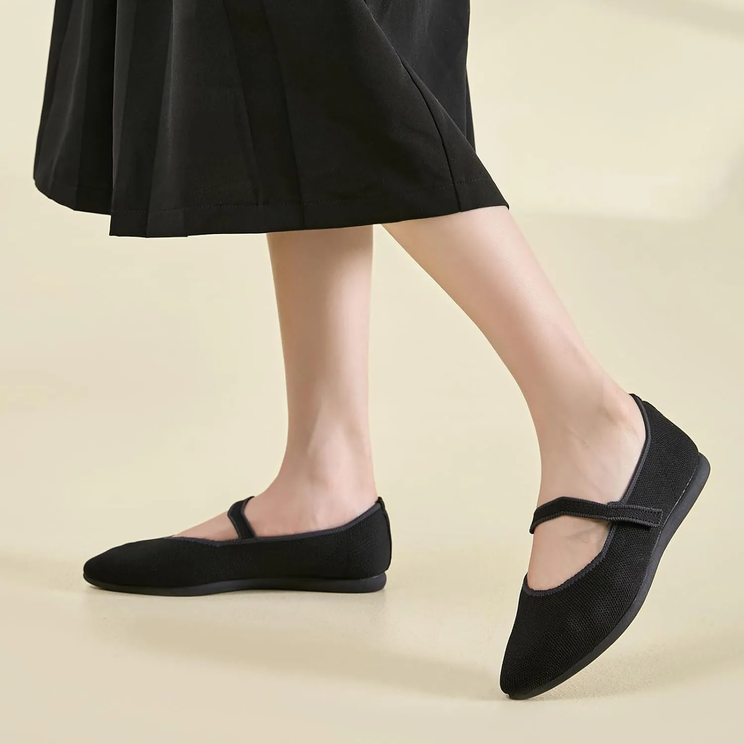 Ballet Flats for Women Pointed Toe Knit Mary Jane Shoes Comfortable Dressy Adjustable Straps Flat