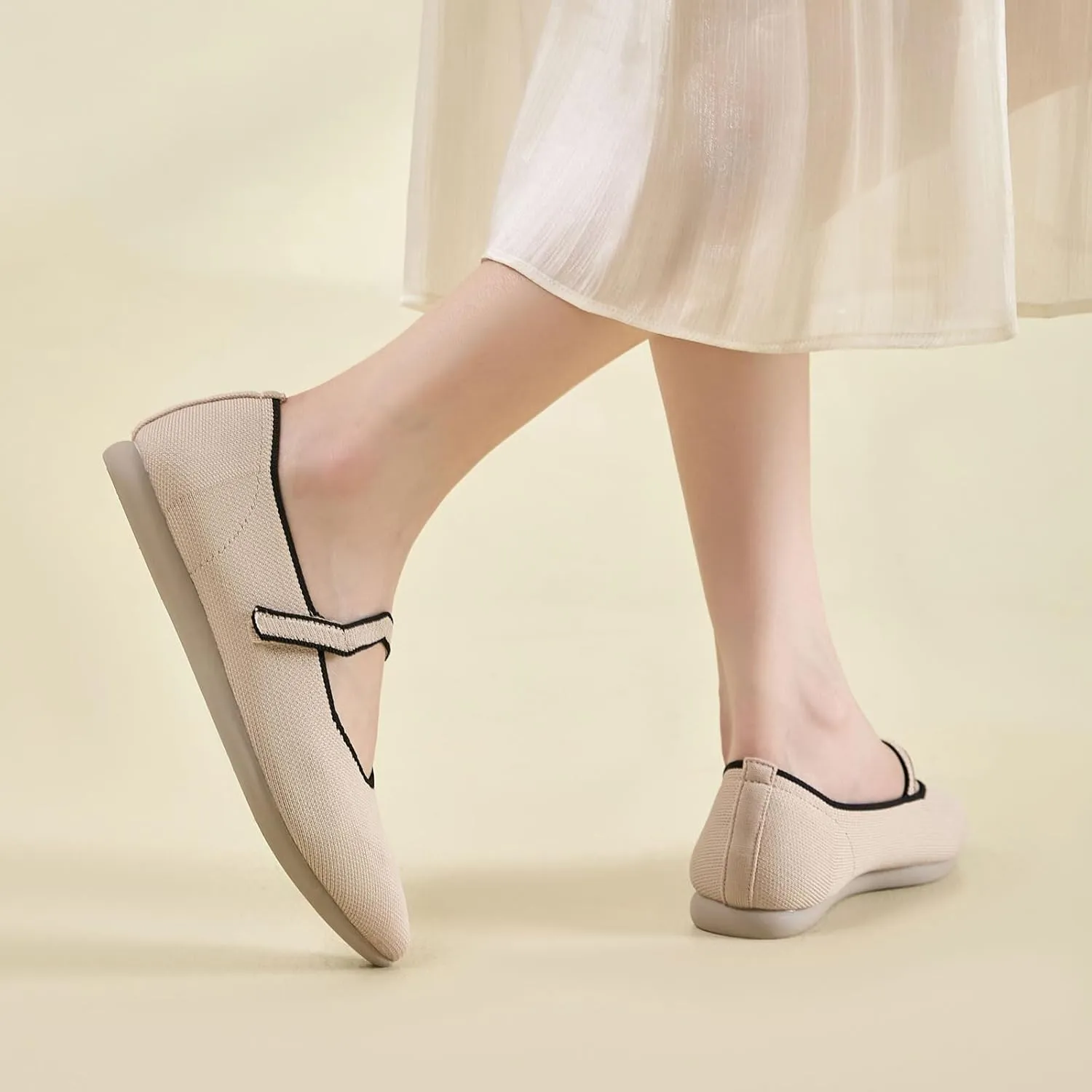 Ballet Flats for Women Pointed Toe Knit Mary Jane Shoes Comfortable Dressy Adjustable Straps Flat