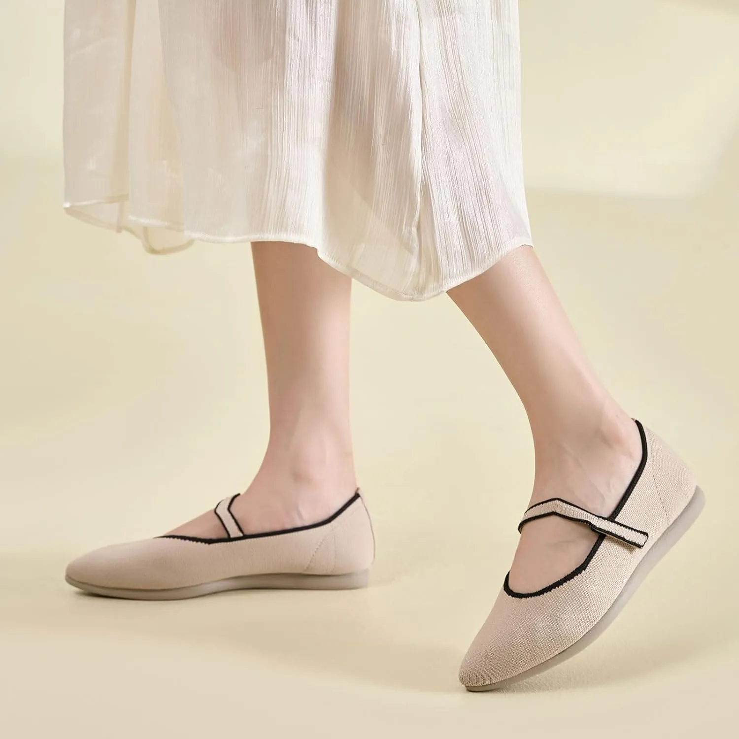 Ballet Flats for Women Pointed Toe Knit Mary Jane Shoes Comfortable Dressy Adjustable Straps Flat