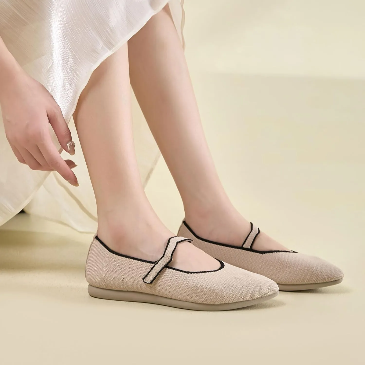 Ballet Flats for Women Pointed Toe Knit Mary Jane Shoes Comfortable Dressy Adjustable Straps Flat