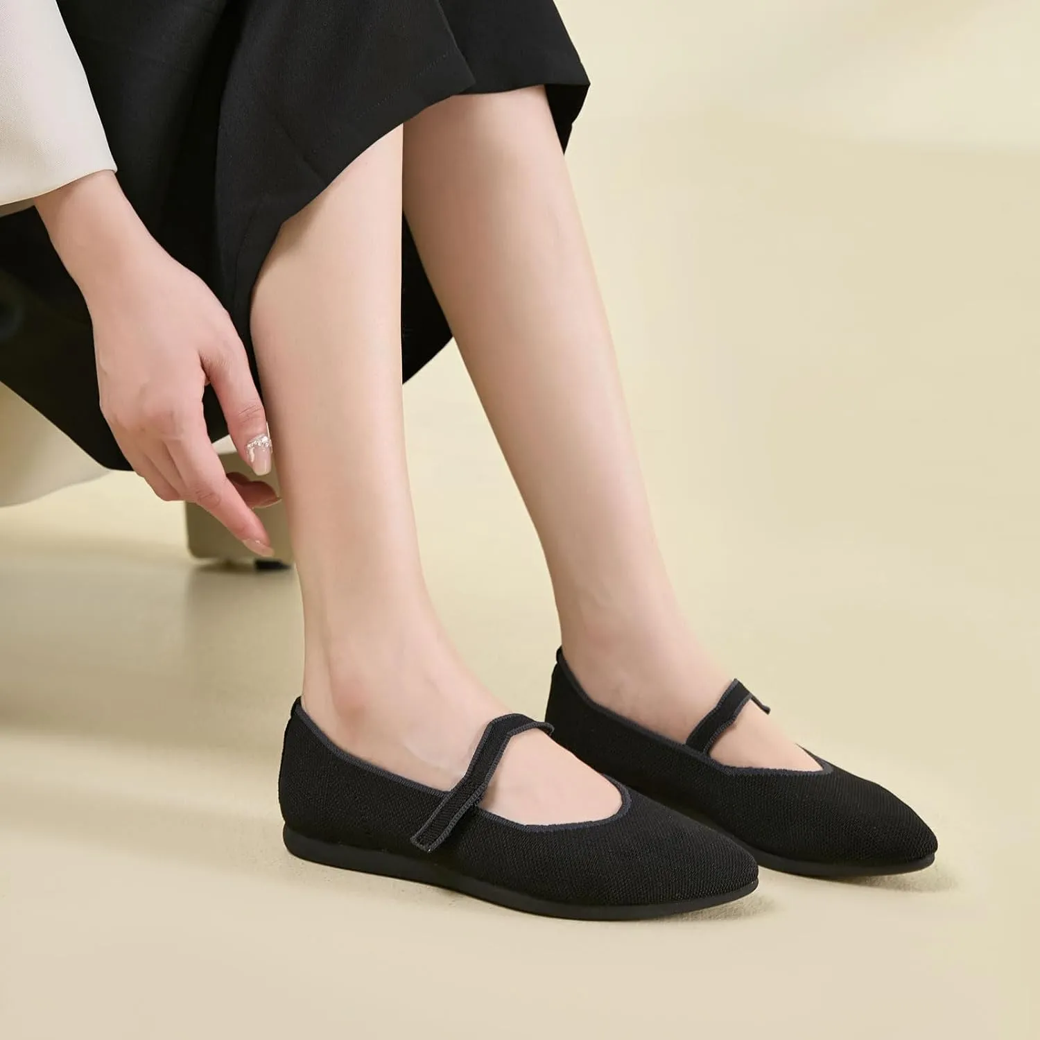 Ballet Flats for Women Pointed Toe Knit Mary Jane Shoes Comfortable Dressy Adjustable Straps Flat