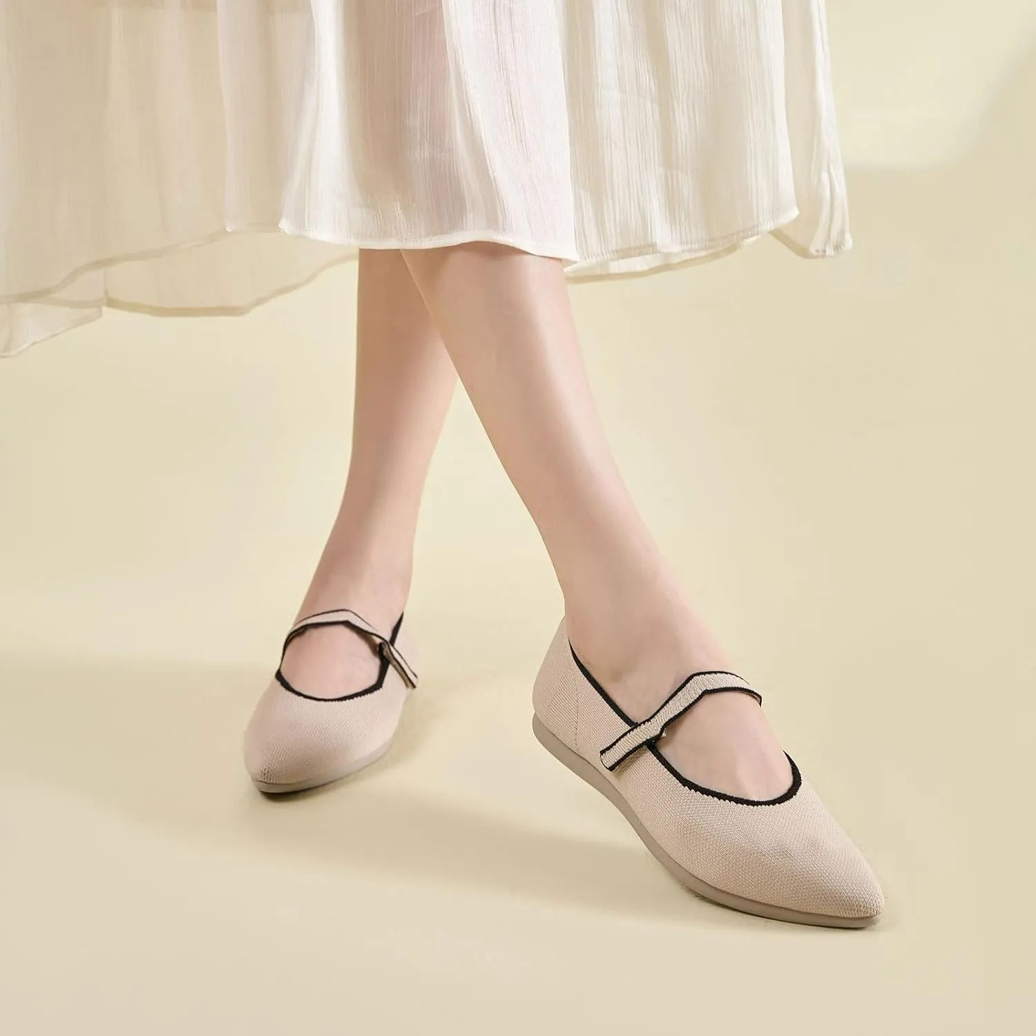 Ballet Flats for Women Pointed Toe Knit Mary Jane Shoes Comfortable Dressy Adjustable Straps Flat
