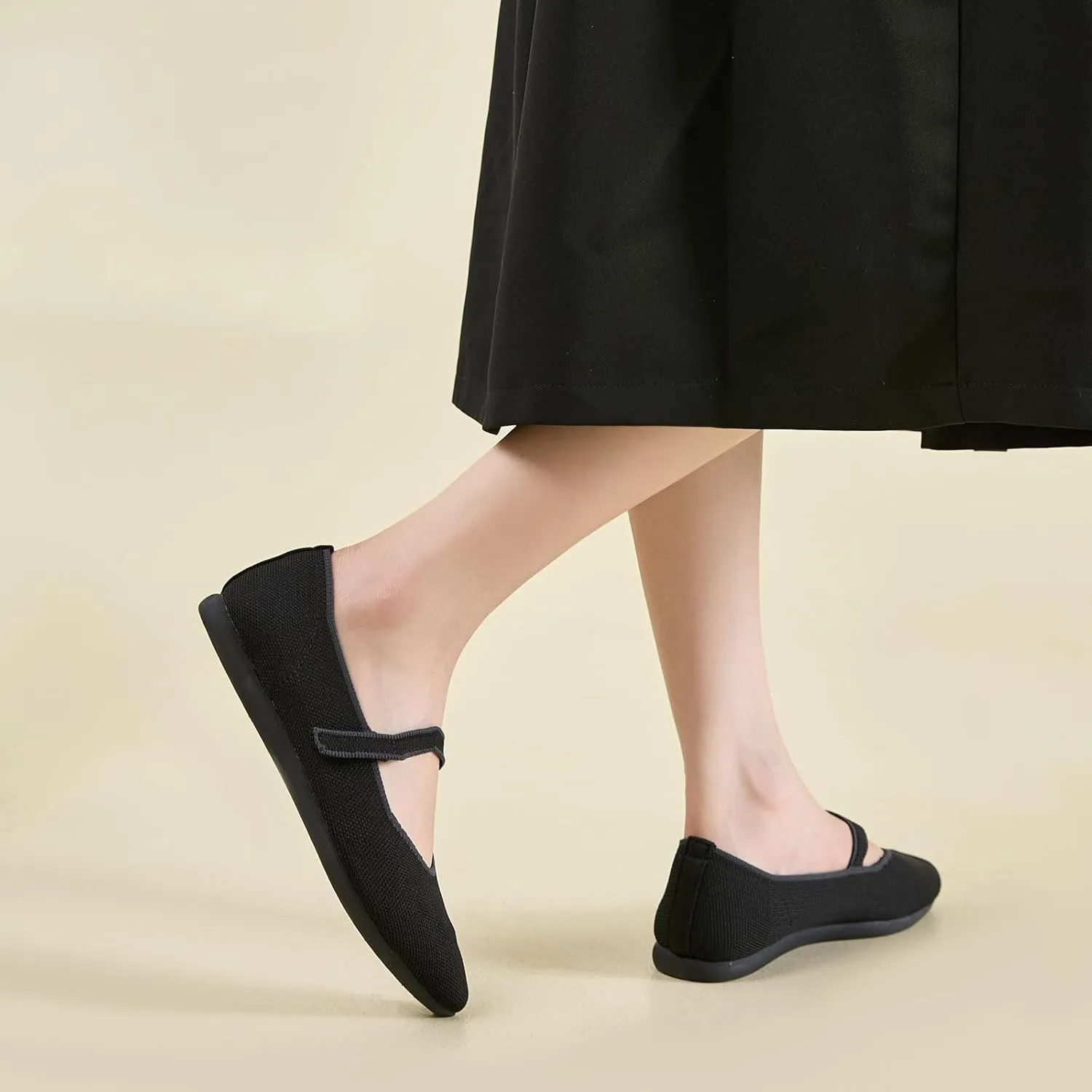 Ballet Flats for Women Pointed Toe Knit Mary Jane Shoes Comfortable Dressy Adjustable Straps Flat