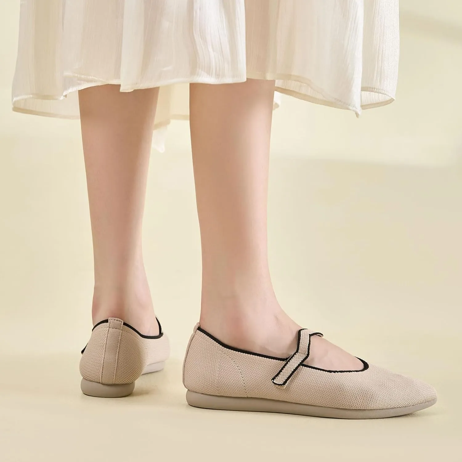 Ballet Flats for Women Pointed Toe Knit Mary Jane Shoes Comfortable Dressy Adjustable Straps Flat