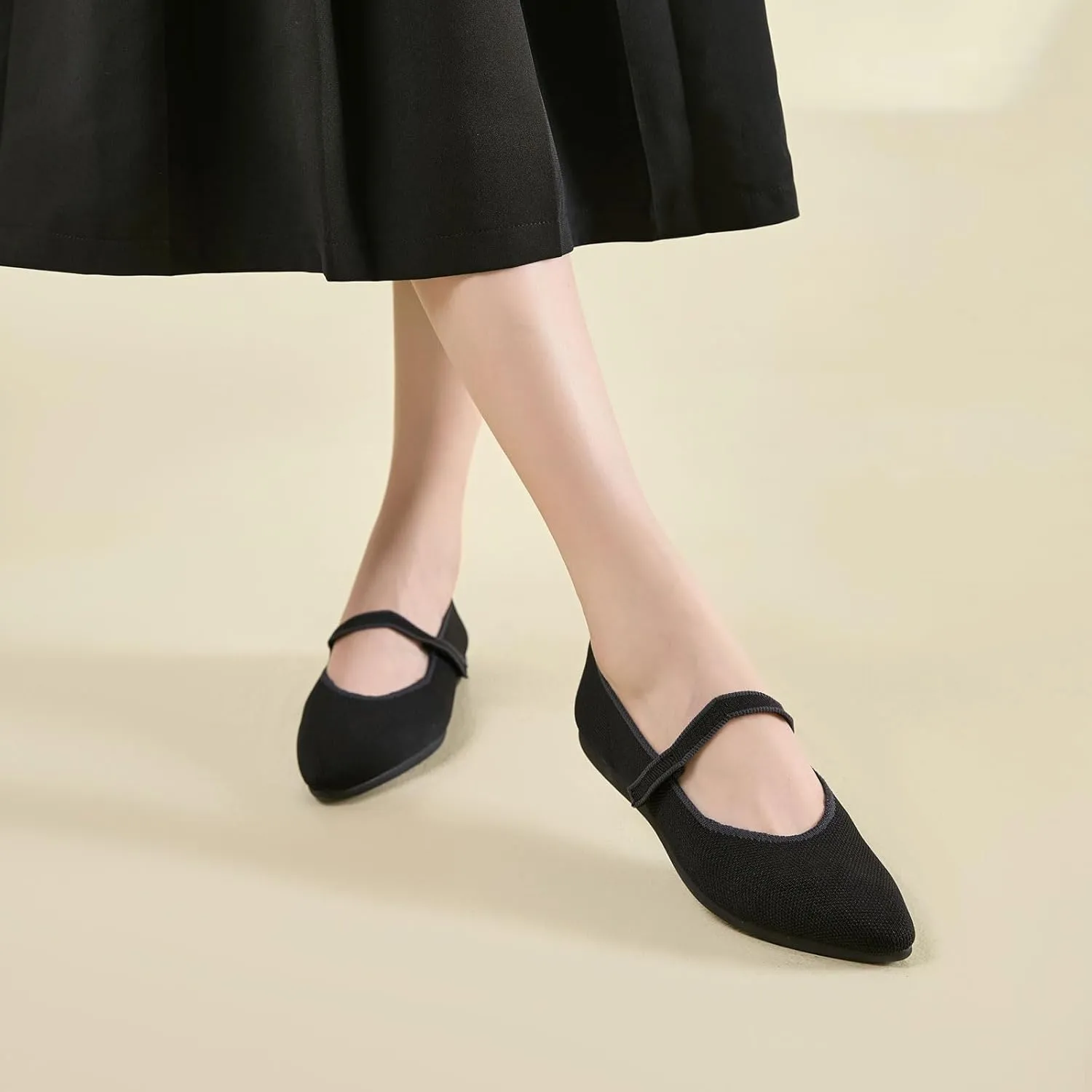 Ballet Flats for Women Pointed Toe Knit Mary Jane Shoes Comfortable Dressy Adjustable Straps Flat