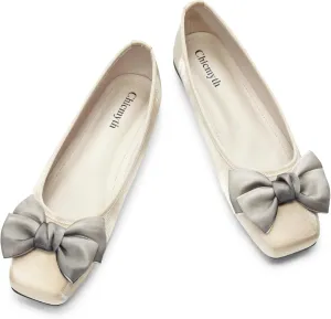Ballet Flats for Women ; Square Toe Mary Jane Flats ; Satin Material Ballet Shoes ; Bowknot Elegant Dressy Women Shoes