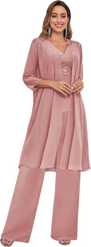 BANTRATIC 3 Pieces Mother of The Bride Pantsuits with Jacket for Wedding 3/4 Sleeve Formal Evening Prom Dressy Pants Outfit