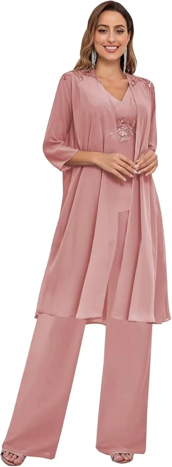 BANTRATIC 3 Pieces Mother of The Bride Pantsuits with Jacket for Wedding 3/4 Sleeve Formal Evening Prom Dressy Pants Outfit