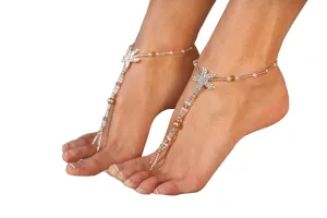 Barmine Antigua Rose gold barefoot sandals, Made in Europe with high quality glass beads and rhinestone starfish, Elastic cord, 1 pair