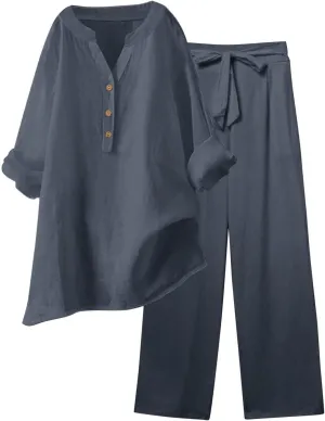 Beach Vacation Clothes for Women Summer Linen Matching 2 Piece Sets Casual Loose Oversized Drawstring Pants Outfits