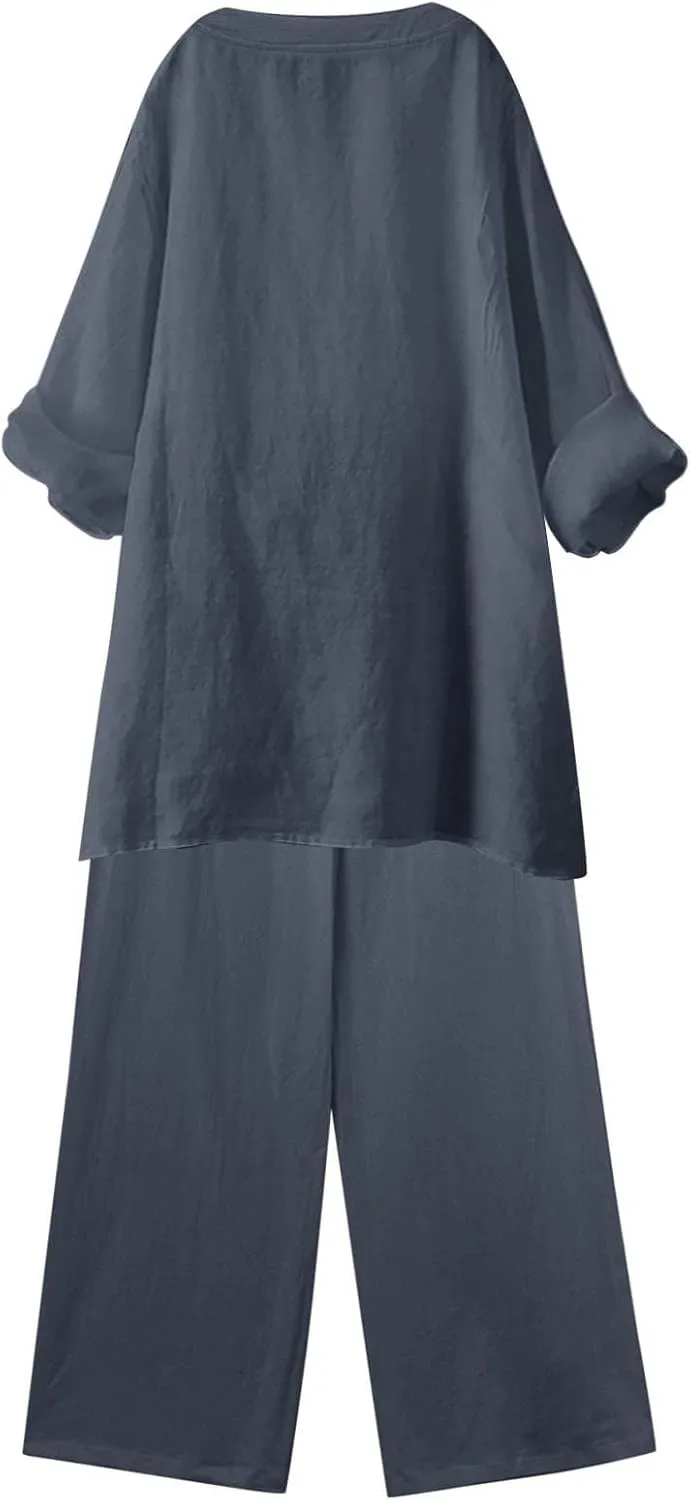 Beach Vacation Clothes for Women Summer Linen Matching 2 Piece Sets Casual Loose Oversized Drawstring Pants Outfits