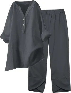 Beach Vacation Clothes for Women Summer Linen Matching 2 Piece Sets Casual Loose Oversized Drawstring Pants Outfits