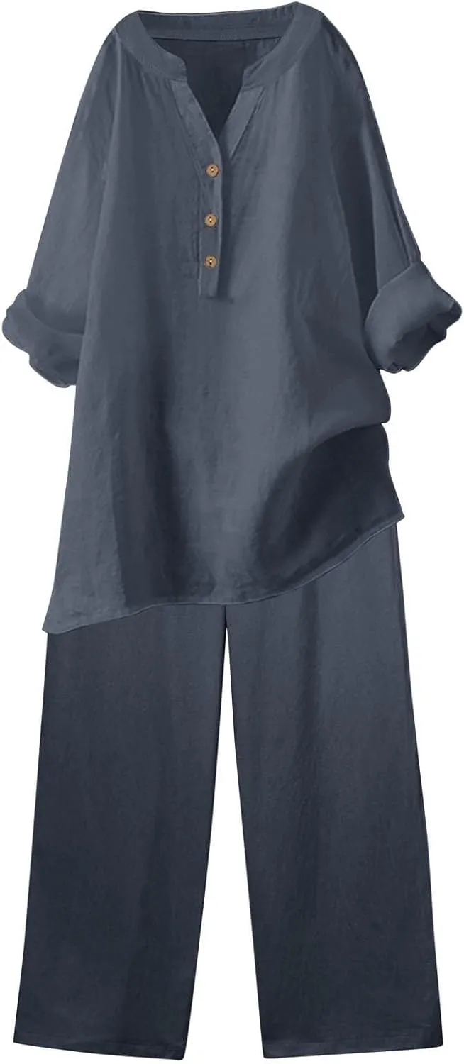 Beach Vacation Clothes for Women Summer Linen Matching 2 Piece Sets Casual Loose Oversized Drawstring Pants Outfits