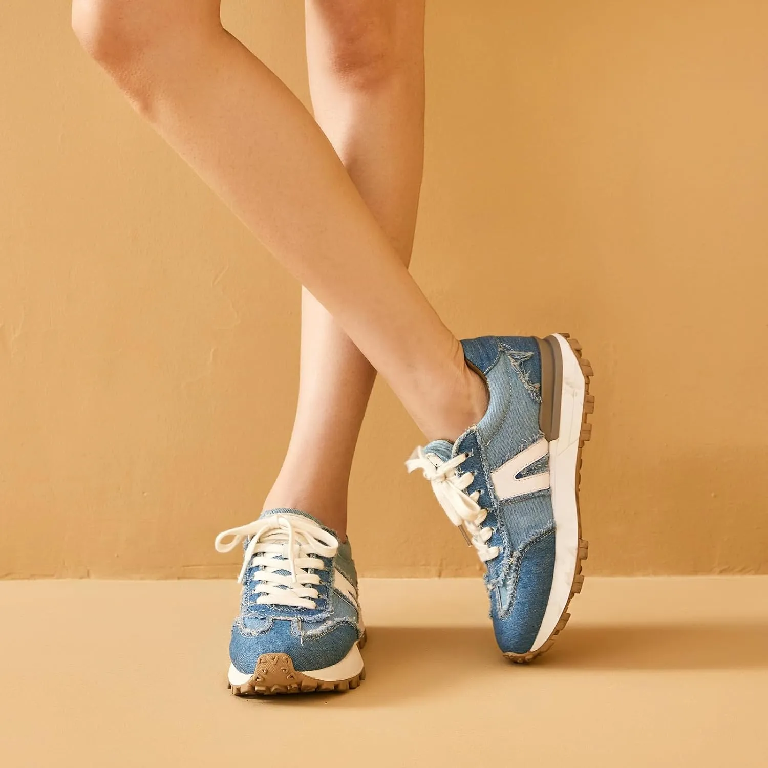 BEAU TODAY Platform Denim Sneakers for Women, Womens Chunky Canvas Sneakers, Fashion Comfortable Causal Walking Running Tennis Shoes