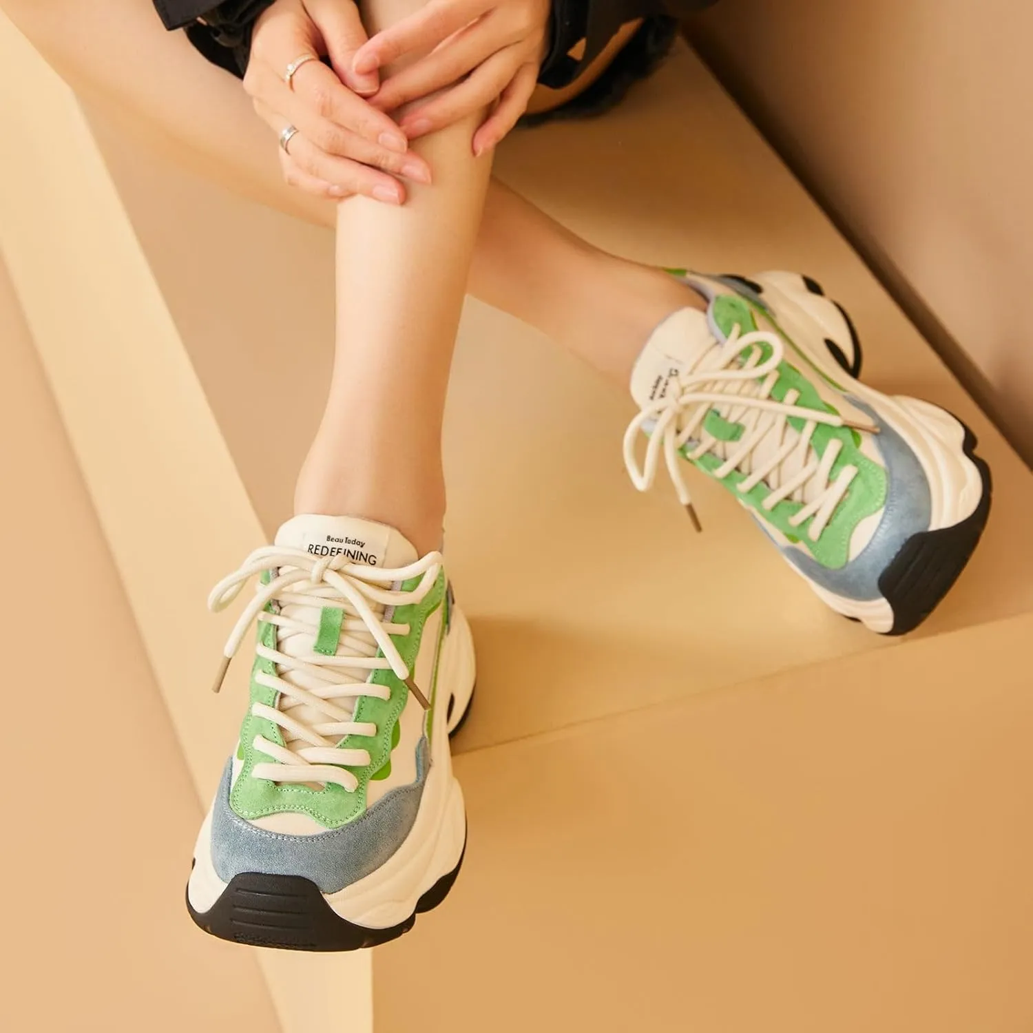 BEAU TODAY Womens Chunky Sneakers, Chunky Shoes for Women, Lace up Comfortable Fashion Dad Sneaker