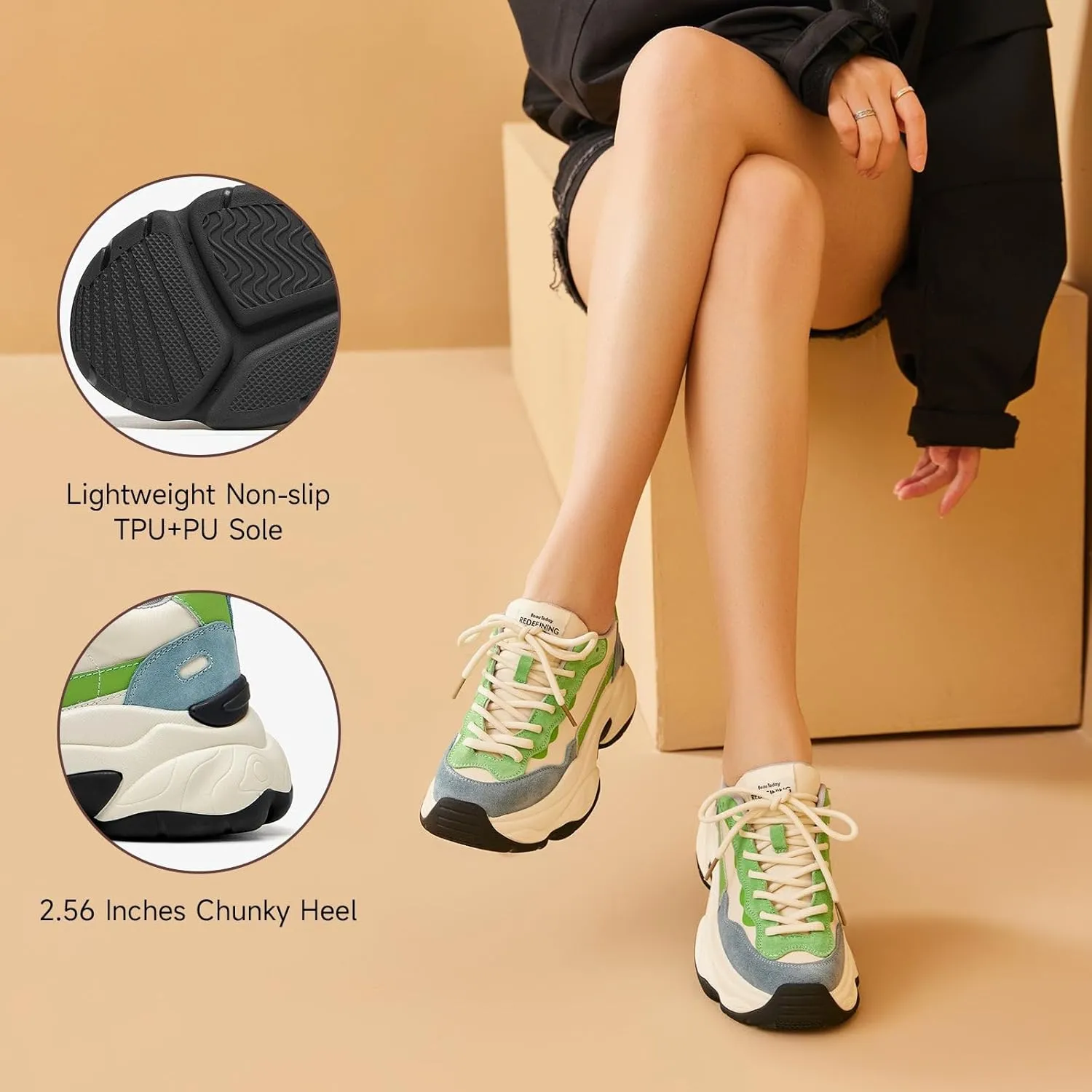 BEAU TODAY Womens Chunky Sneakers, Chunky Shoes for Women, Lace up Comfortable Fashion Dad Sneaker
